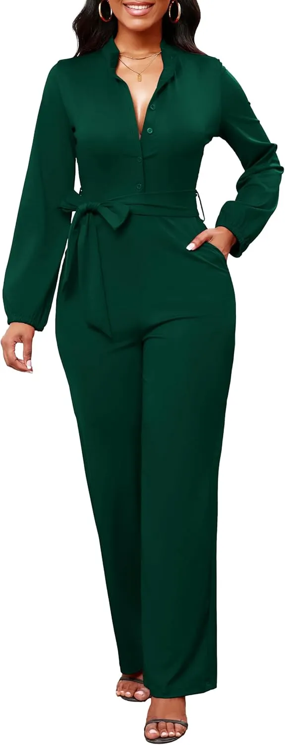 SxClub Jumpsuits for Women Formal Sexy Elegant Long Straight Pants Busineess Party Jumpsuit with Belt Pockets