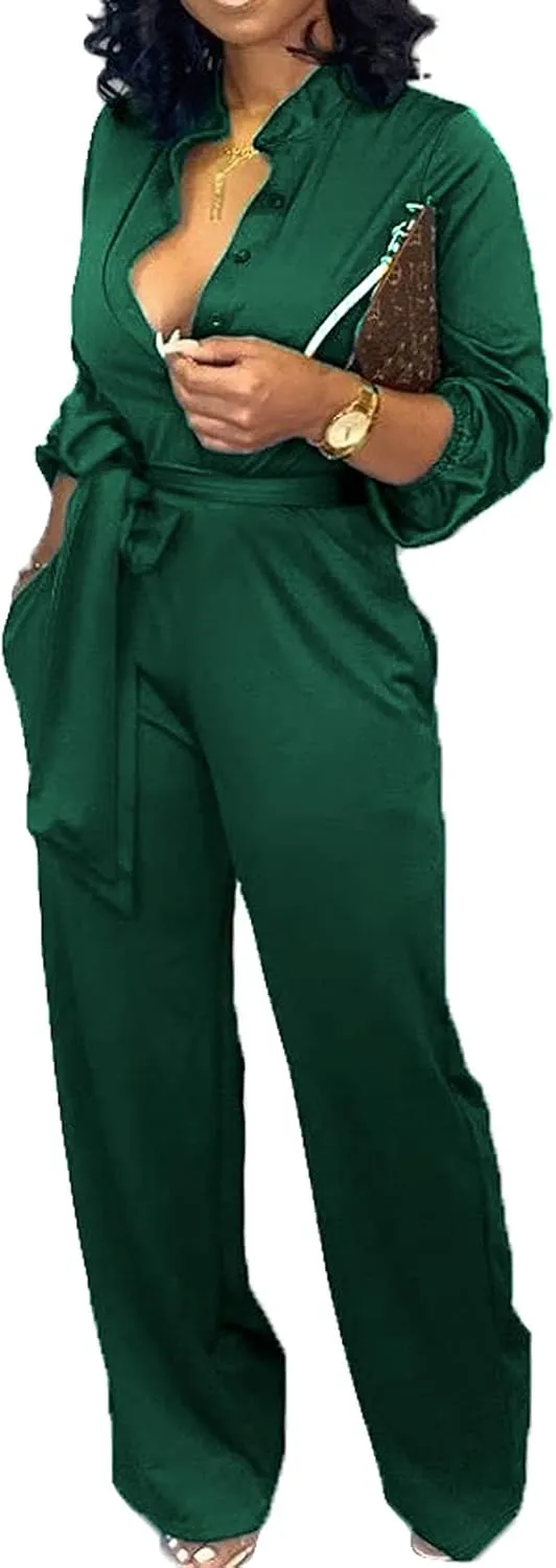 SxClub Jumpsuits for Women Formal Sexy Elegant Long Straight Pants Busineess Party Jumpsuit with Belt Pockets