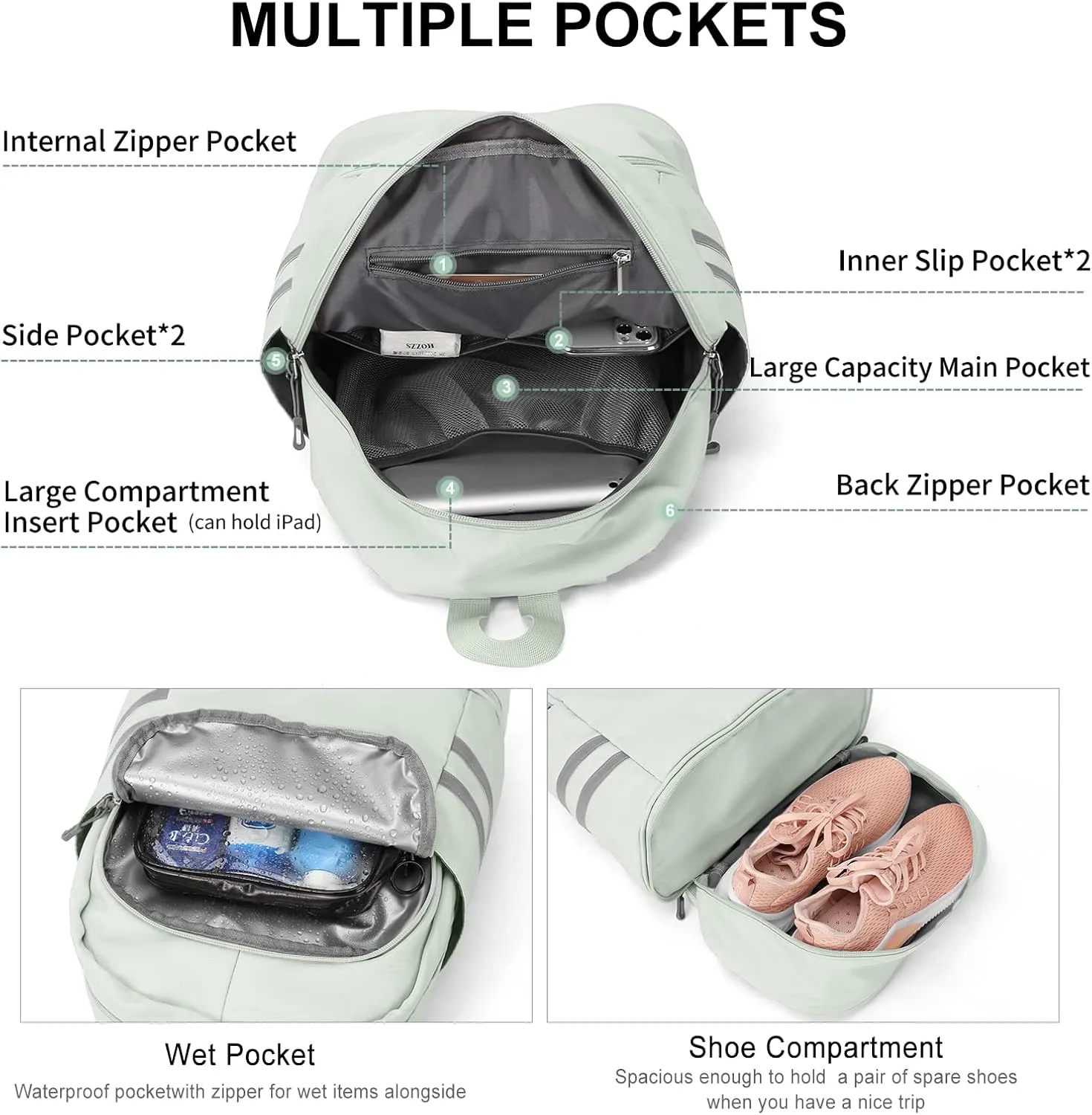 SYCNB Women's Multi-purpose Sports Backpack, Large (13.4"x7.9"x18.5"), Mint Cream, Waterproof, Wet Pocket & Shoes Compartment