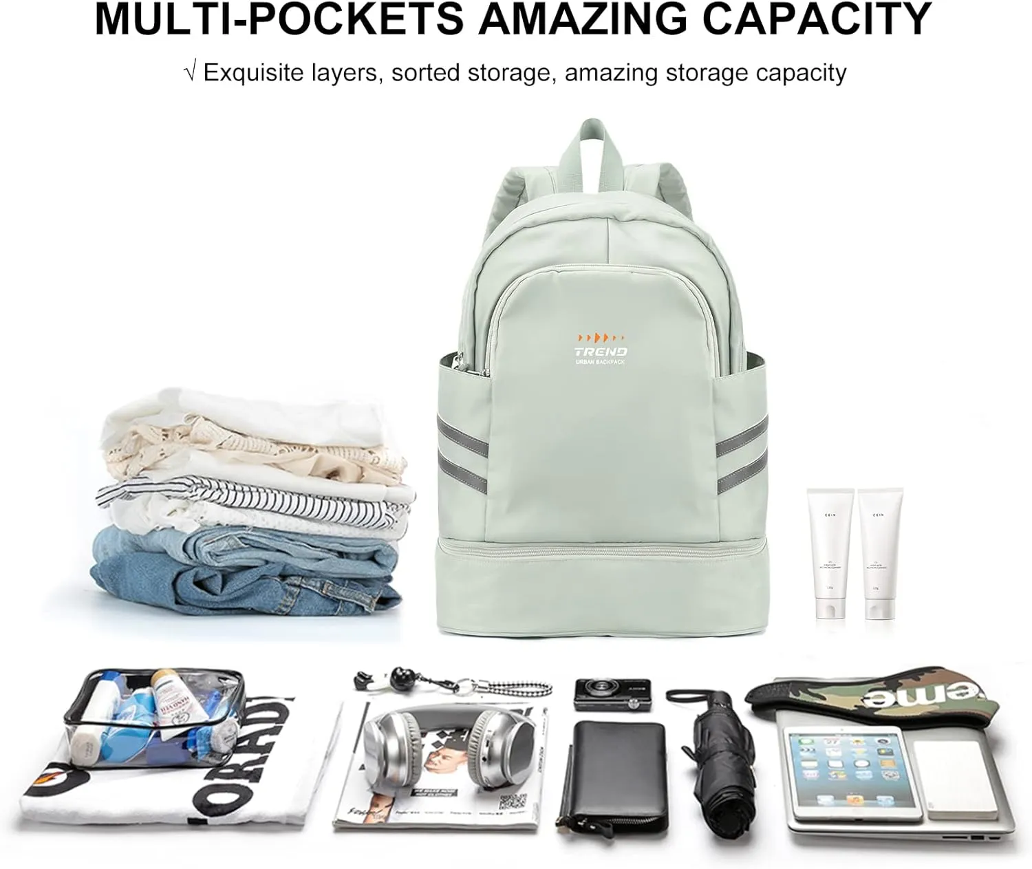 SYCNB Women's Multi-purpose Sports Backpack, Large (13.4"x7.9"x18.5"), Mint Cream, Waterproof, Wet Pocket & Shoes Compartment