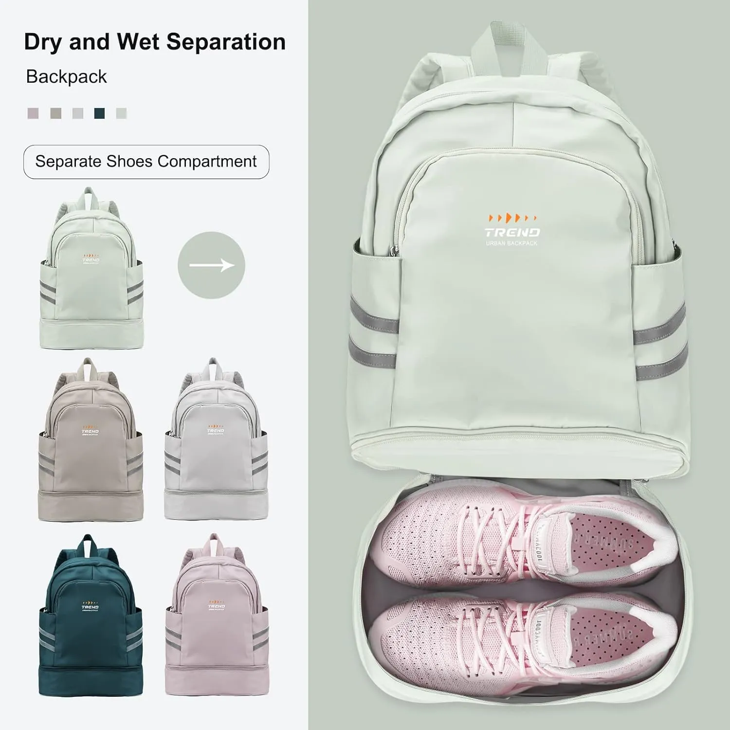 SYCNB Women's Multi-purpose Sports Backpack, Large (13.4"x7.9"x18.5"), Mint Cream, Waterproof, Wet Pocket & Shoes Compartment