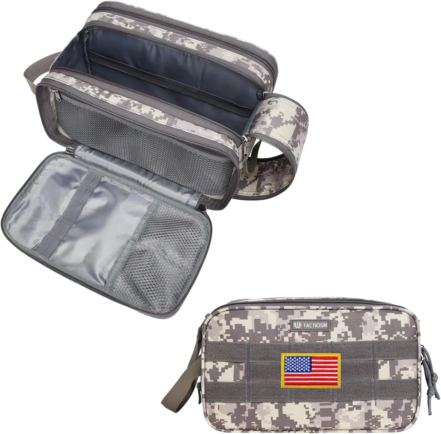 TACTICISM Toiletry Bag for Men - Extra Large Dry Wet Separate Bathroom Bag, Tactical Molle Dopp Kit for Men, Water-Resistant Mens Shower Bag for Travel, ACU Camo
