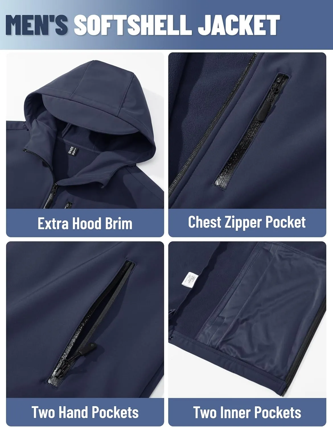 TACVASEN Men's Hooded Softshell Jacket Lightweight Waterproof Fleece Lined Windbreaker Rain Jacket Winter Outdoor Hiking