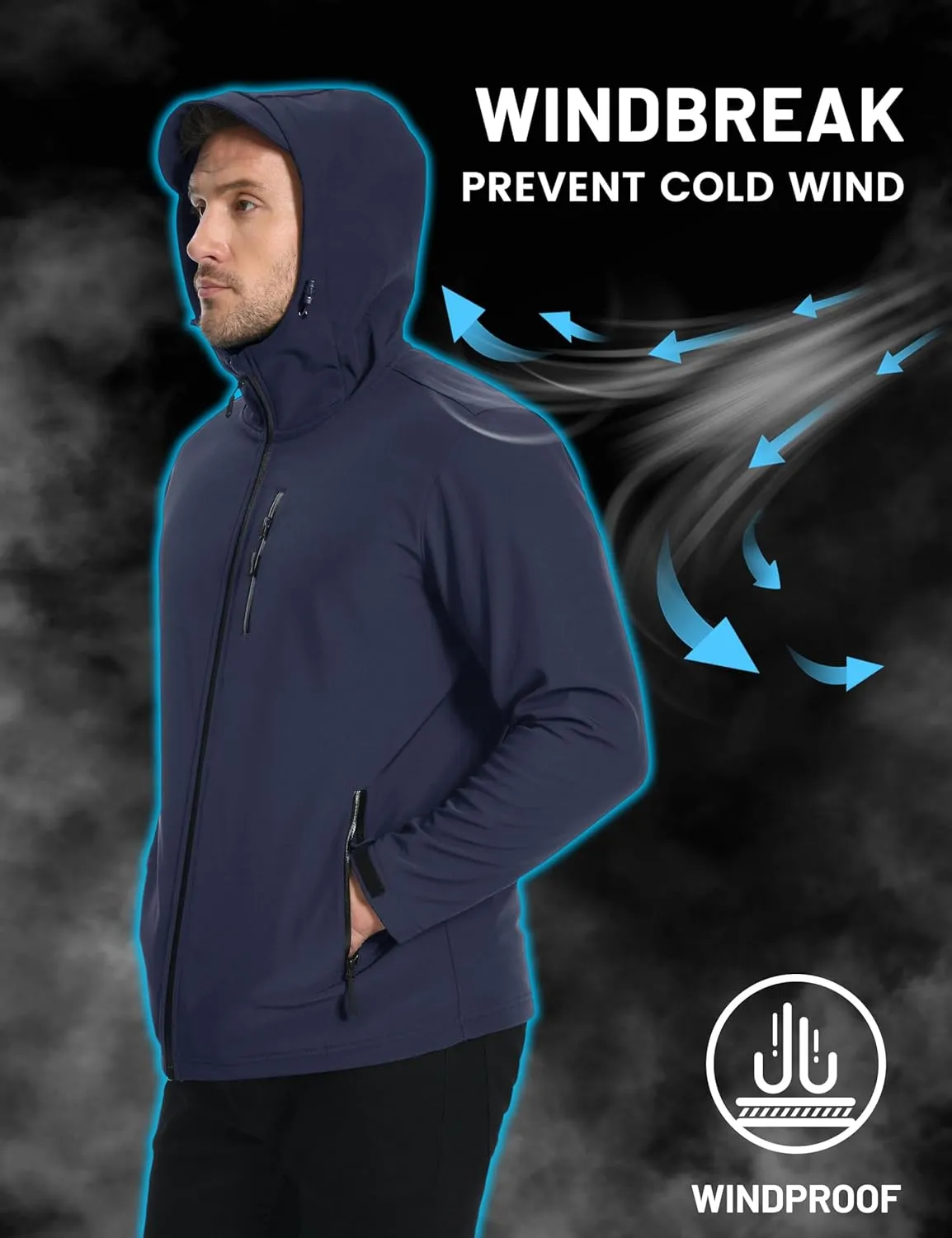 TACVASEN Men's Hooded Softshell Jacket Lightweight Waterproof Fleece Lined Windbreaker Rain Jacket Winter Outdoor Hiking