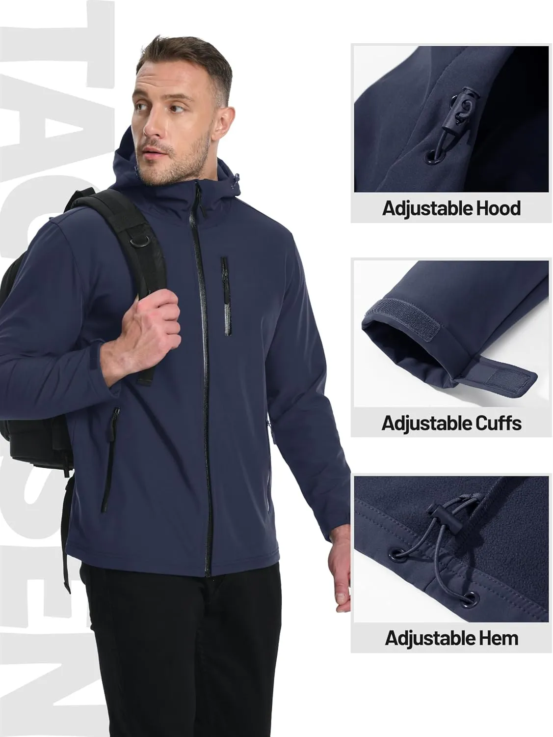 TACVASEN Men's Hooded Softshell Jacket Lightweight Waterproof Fleece Lined Windbreaker Rain Jacket Winter Outdoor Hiking