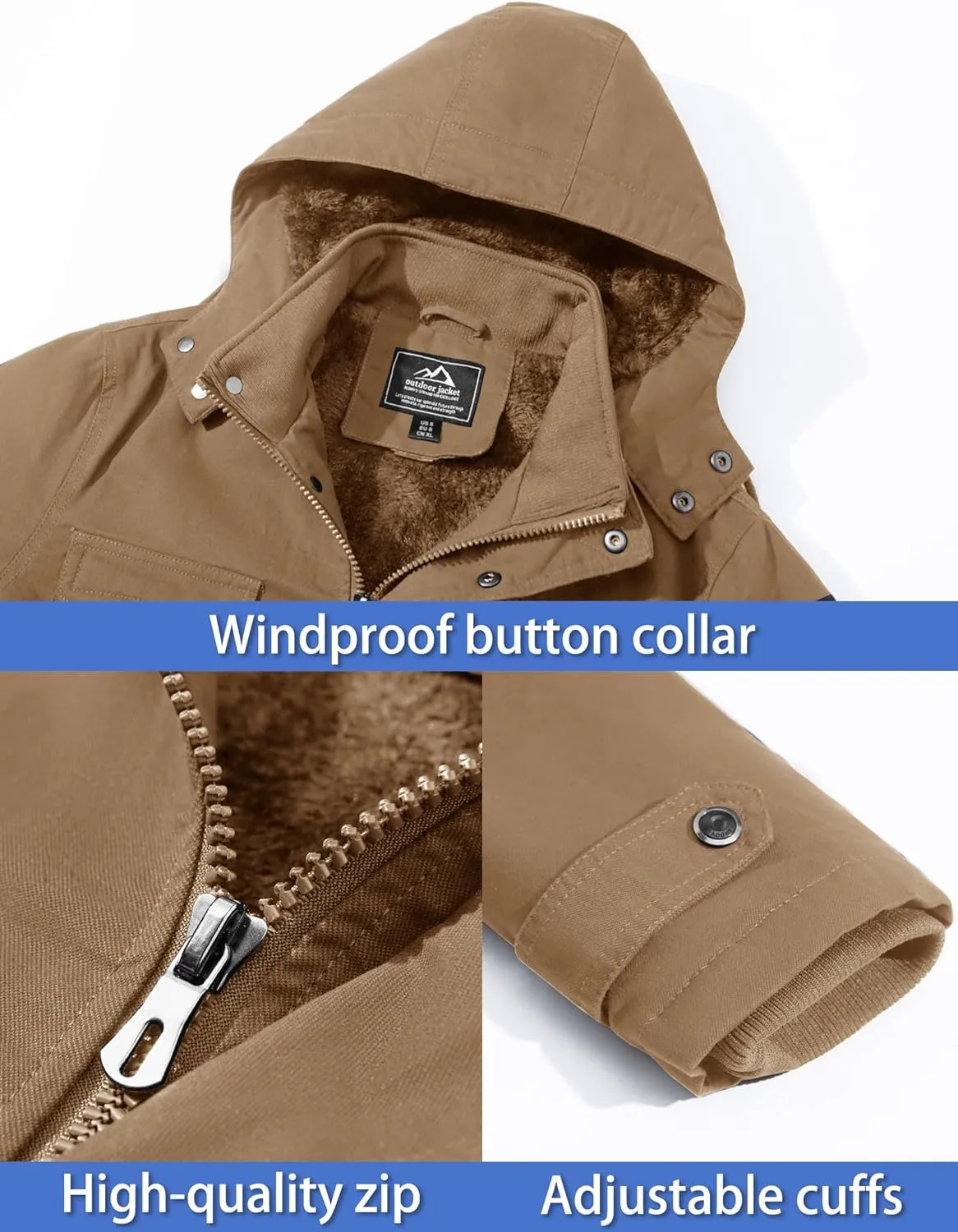 TACVASEN Men's Winter Jacket Cotton Military Jackets Fleece Lined Thick Work Warm Cargo Coats with Hooded
