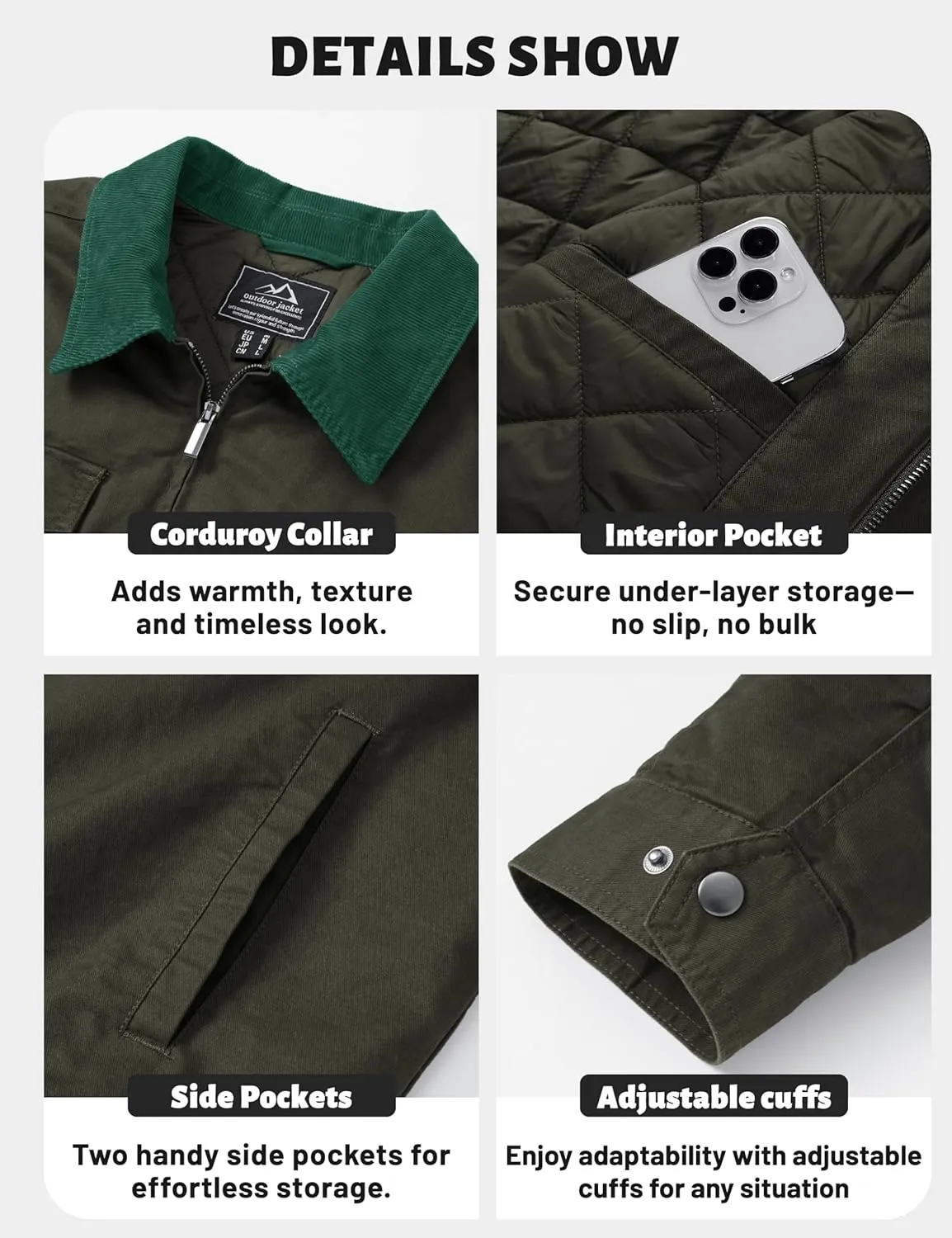 TACVASEN Men's Winter Quilted Casual Cargo Jacket Corduroy Collar Cotton Shacket with Button Pockets for Comfort and Style