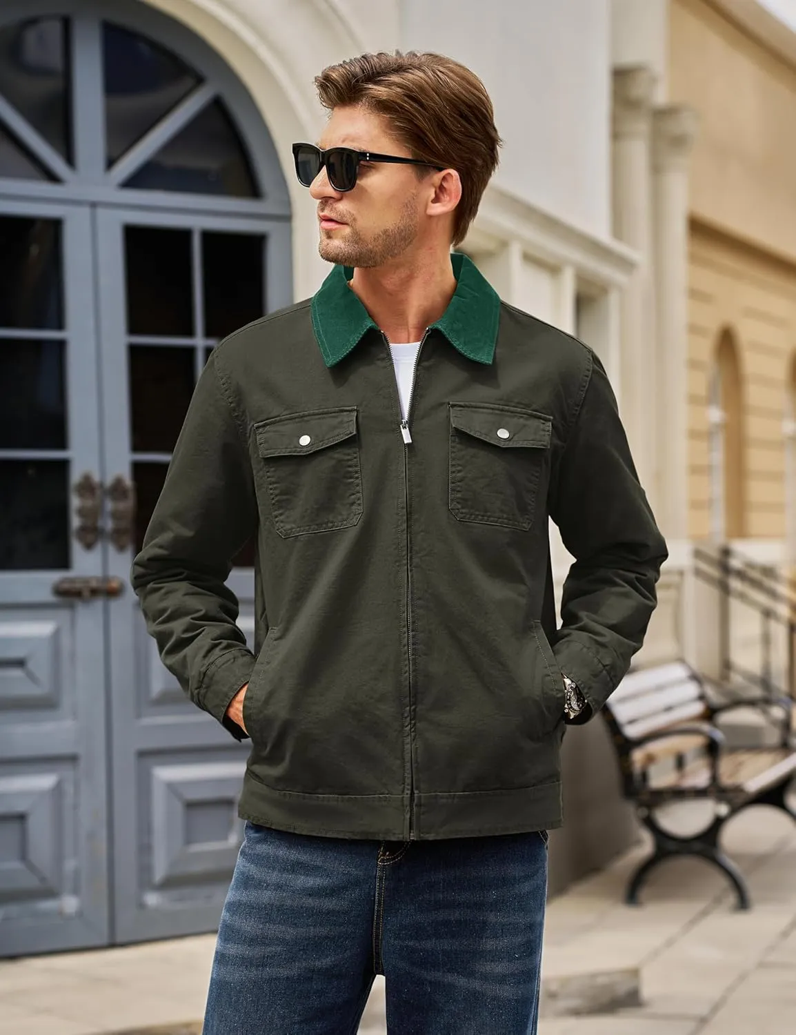 TACVASEN Men's Winter Quilted Casual Cargo Jacket Corduroy Collar Cotton Shacket with Button Pockets for Comfort and Style