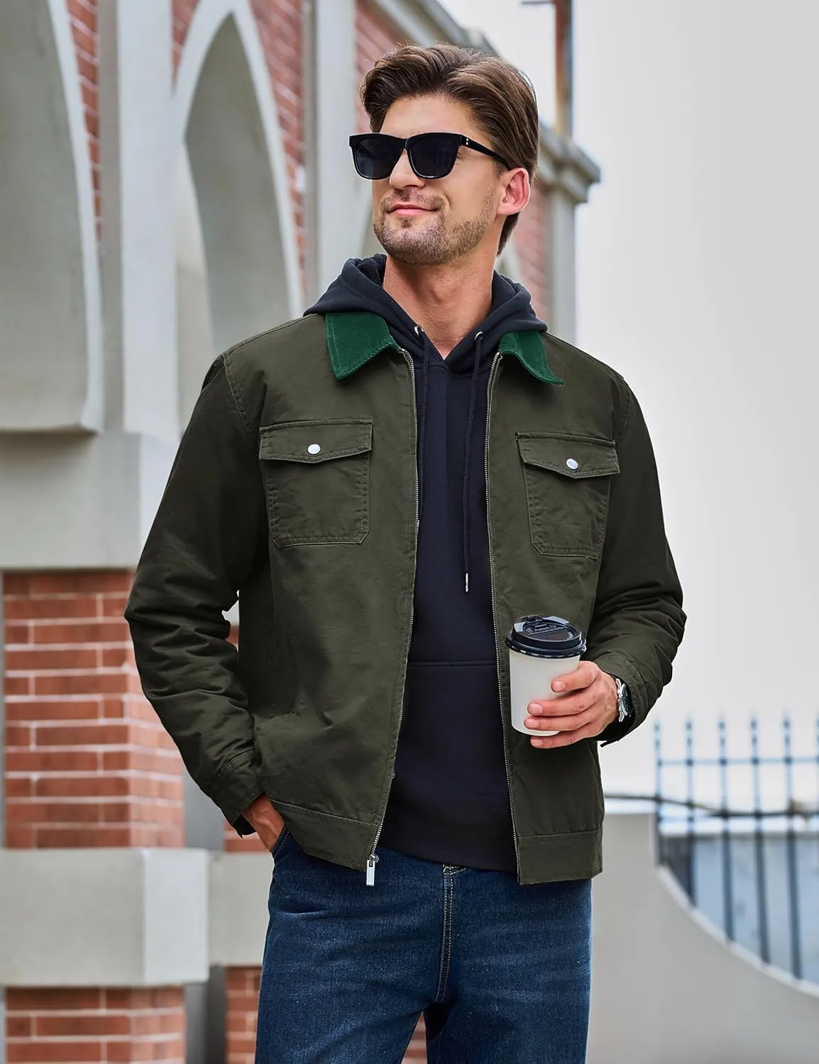 TACVASEN Men's Winter Quilted Casual Cargo Jacket Corduroy Collar Cotton Shacket with Button Pockets for Comfort and Style