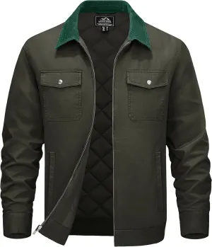 TACVASEN Men's Winter Quilted Casual Cargo Jacket Corduroy Collar Cotton Shacket with Button Pockets for Comfort and Style