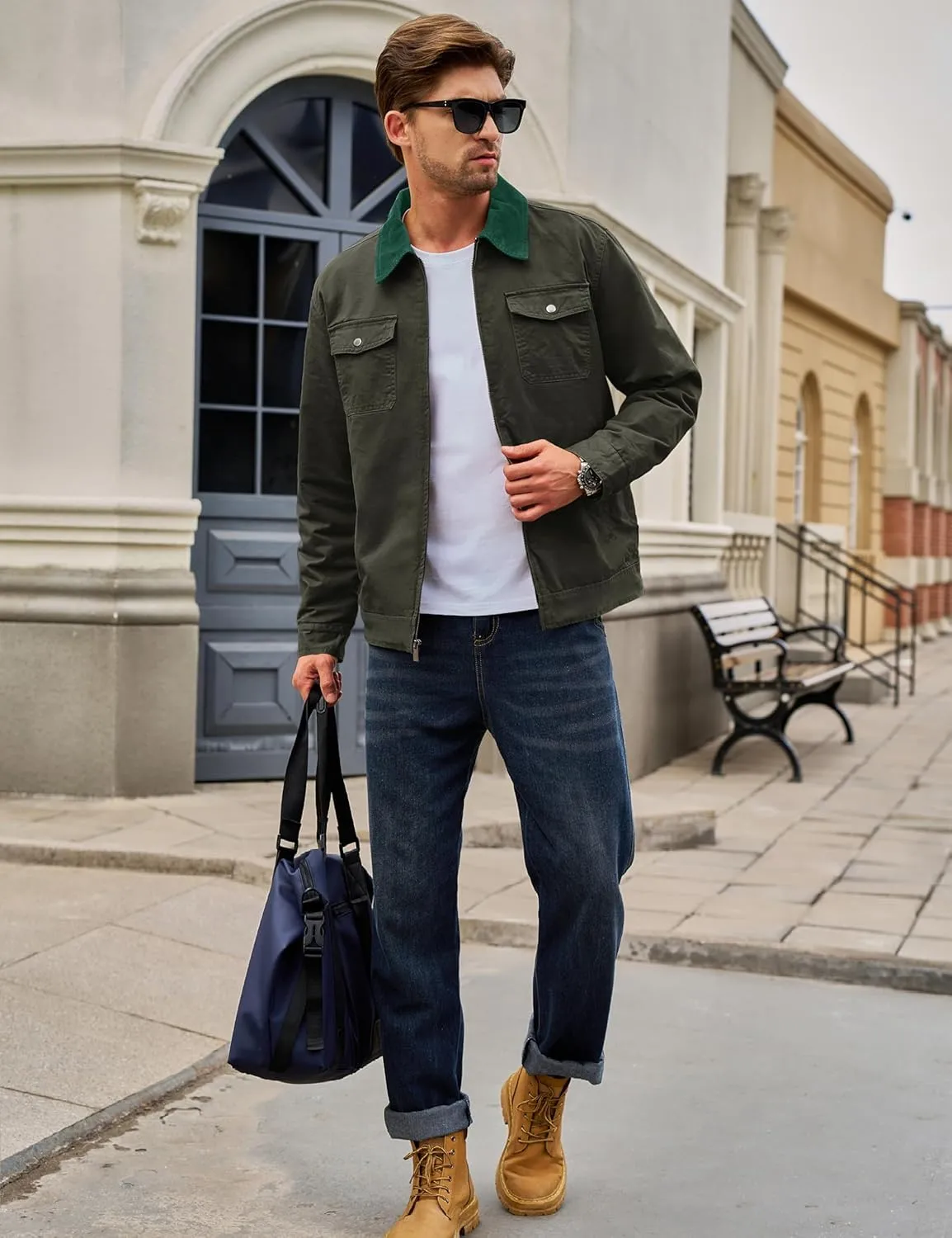 TACVASEN Men's Winter Quilted Casual Cargo Jacket Corduroy Collar Cotton Shacket with Button Pockets for Comfort and Style