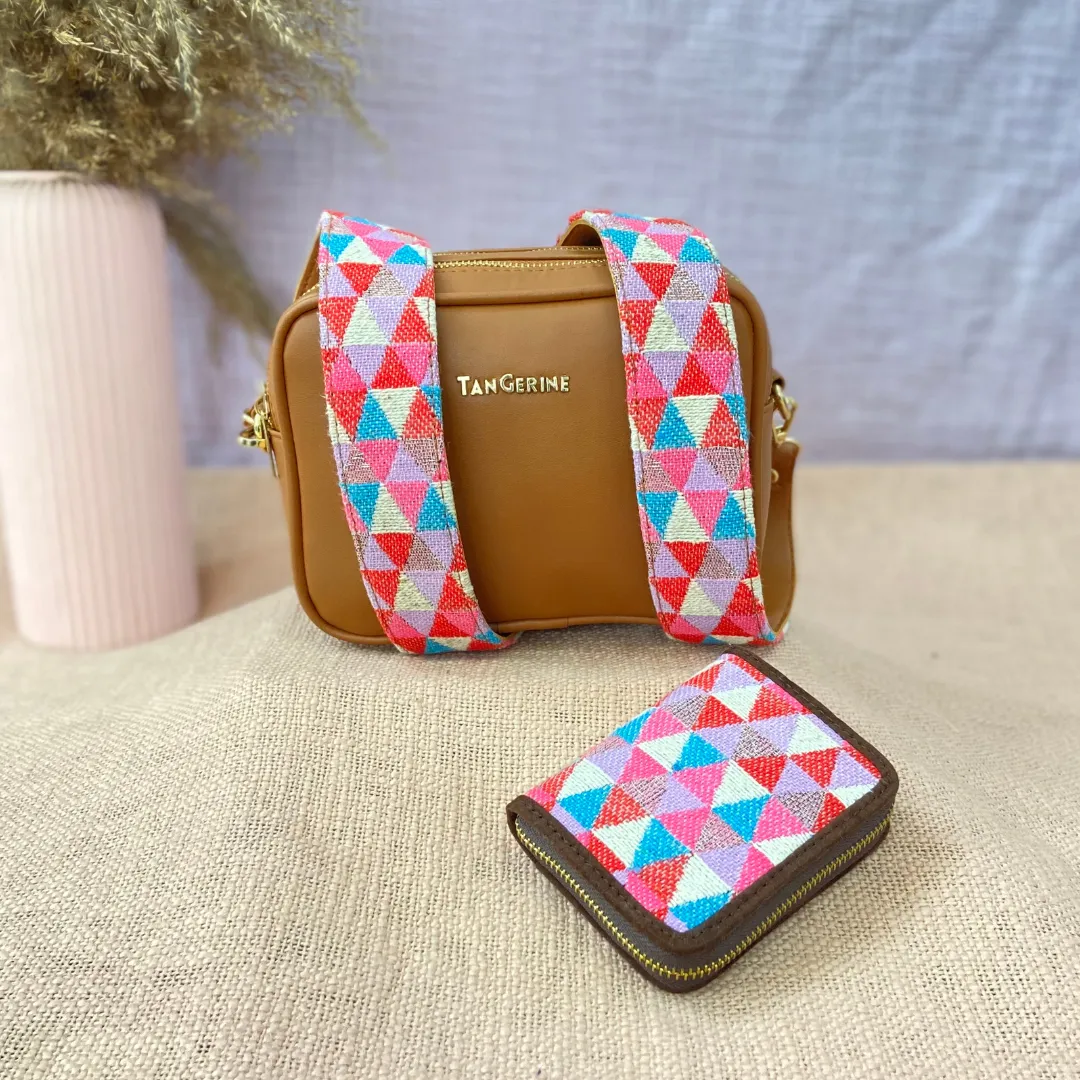 Tan Dual Compartment Bag with Pink Multi-color Triangle Belt   Mini Wallet Combo