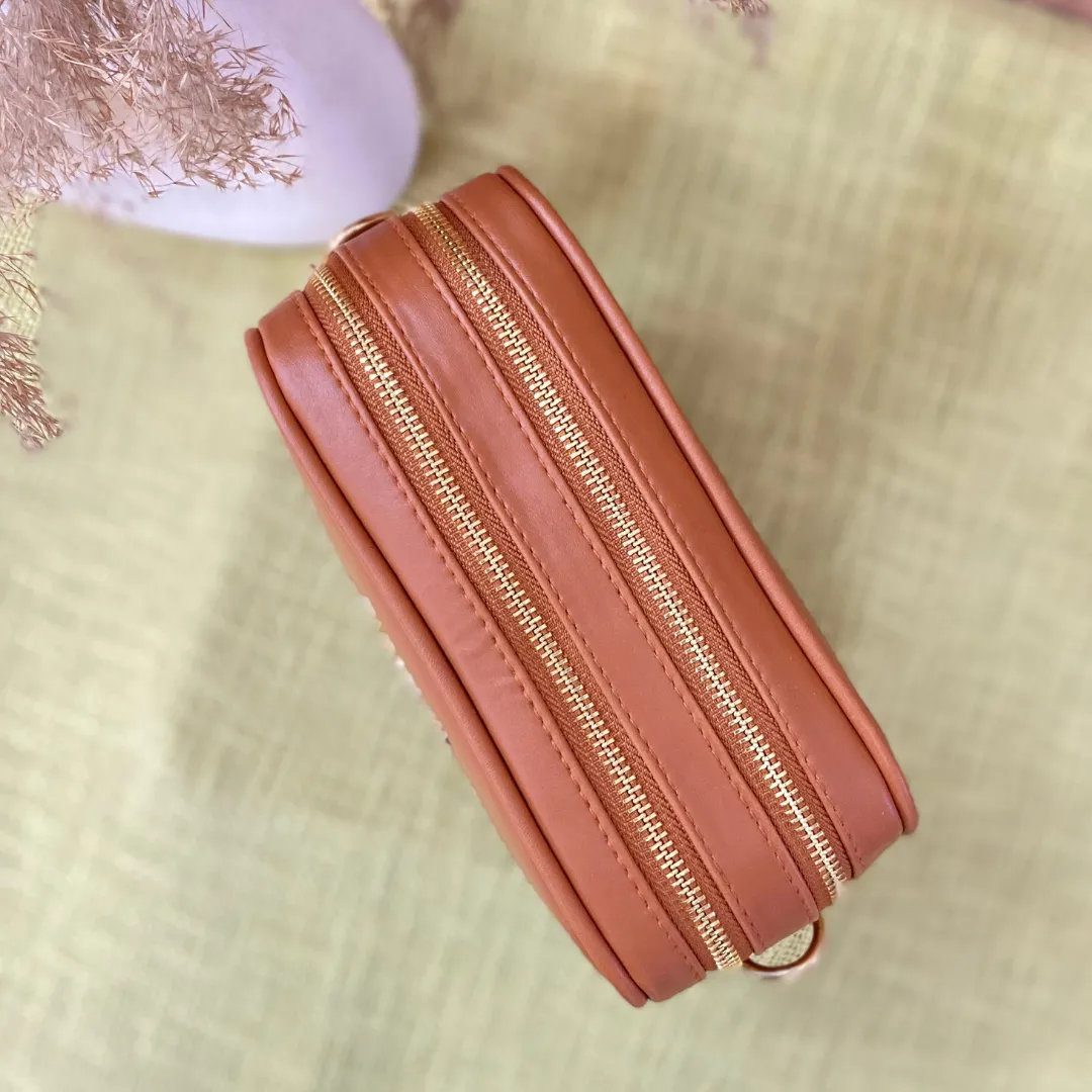 Tan Dual Compartment Bag with Pink Multi-color Triangle Belt   Mini Wallet Combo