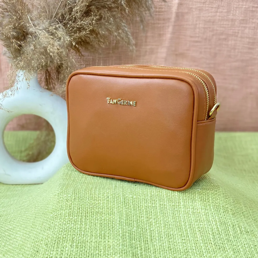 Tan Dual Compartment Bag with Pink Multi-color Triangle Belt   Mini Wallet Combo