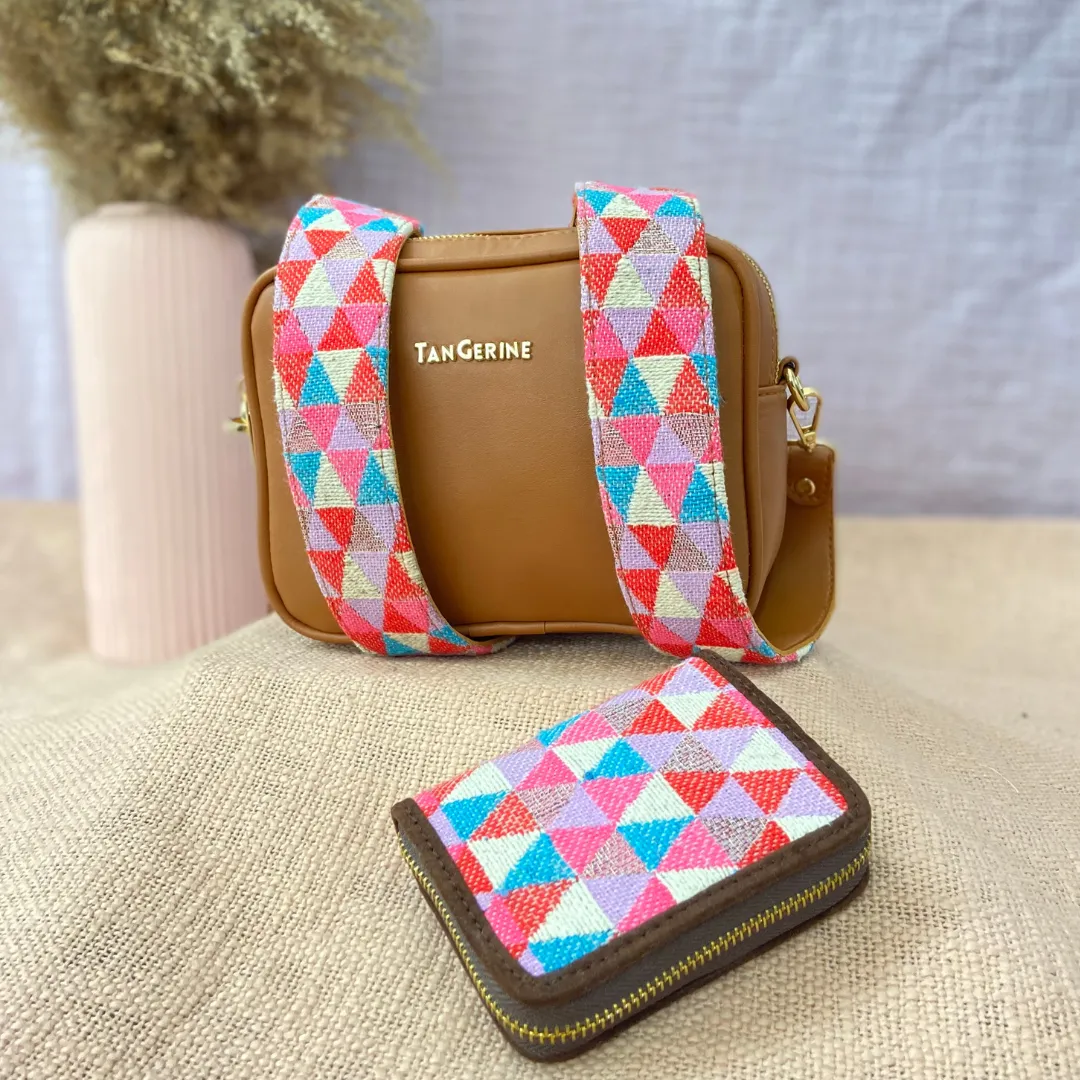 Tan Dual Compartment Bag with Pink Multi-color Triangle Belt   Mini Wallet Combo
