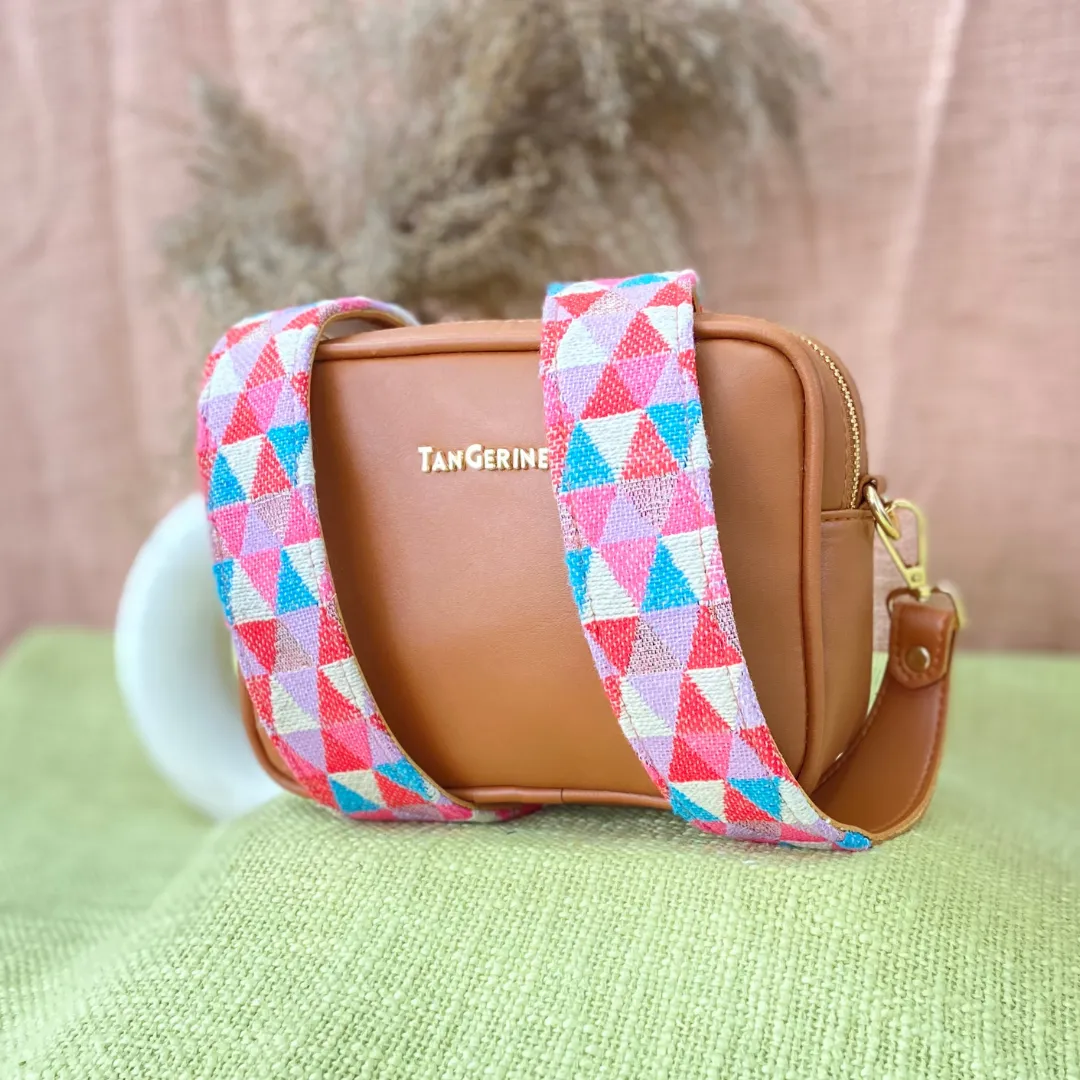 Tan Dual Compartment Bag with Pink Multi-color Triangle Belt   Mini Wallet Combo