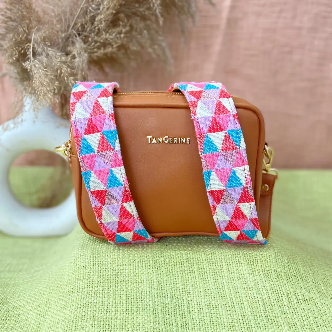 Tan Dual Compartment Bag with Pink Multi-color Triangle Belt   Mini Wallet Combo