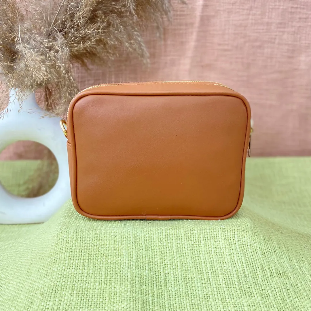 Tan Dual Compartment Bag with Pink Multi-color Triangle Belt   Mini Wallet Combo