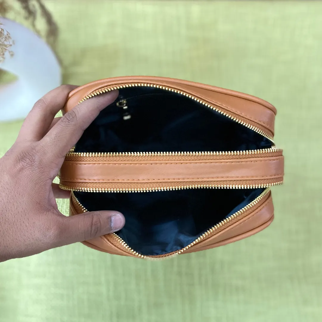 Tan Dual Compartment Bag with Pink Multi-color Triangle Belt   Mini Wallet Combo