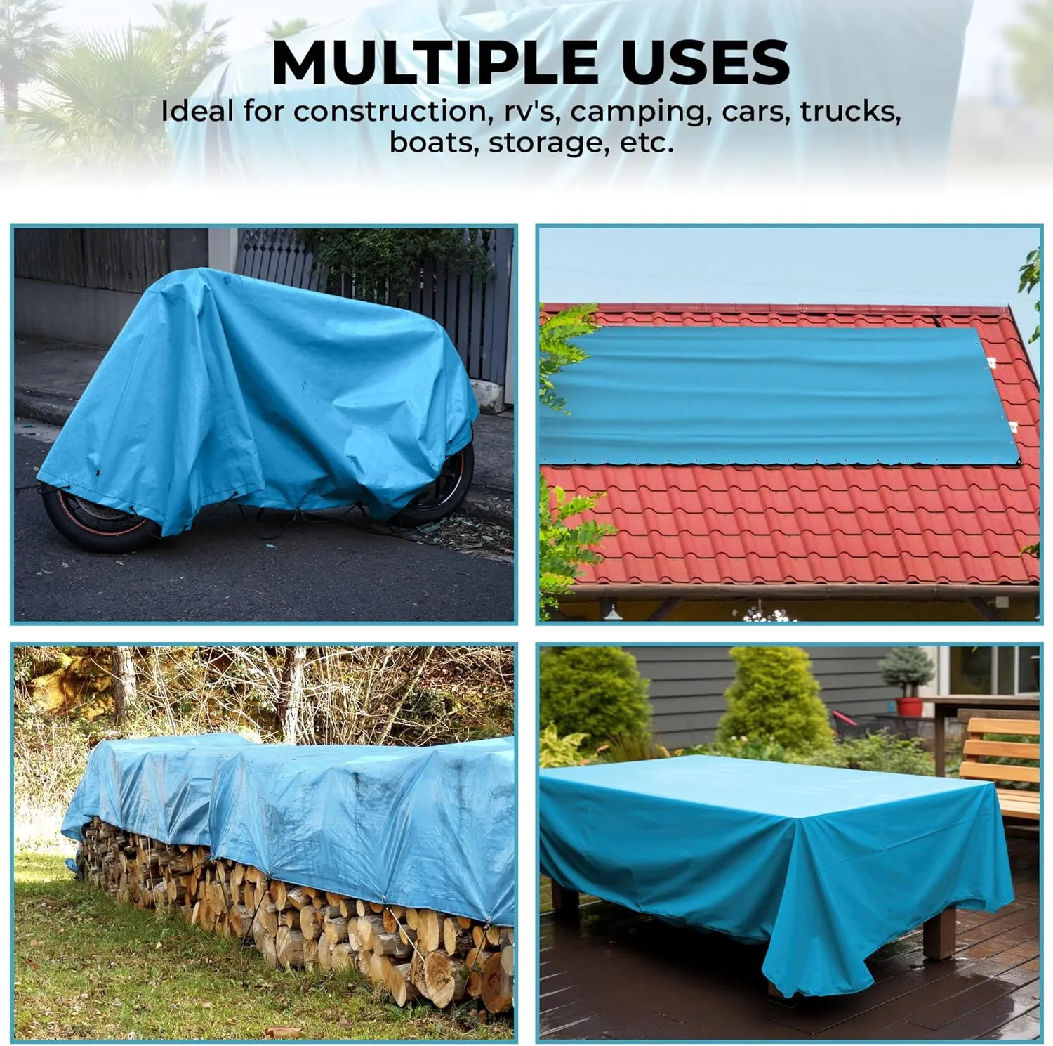 Tarps Heavy Duty Waterproof 16x20-12 mil Thick Camping Tent - Blue Tarp 16x20 UV Resistant, Rip & Tear Proof with Metal Grommets – Multipurpose Use for Camping, Tent, Boat, RV, Car, & Pool Cover