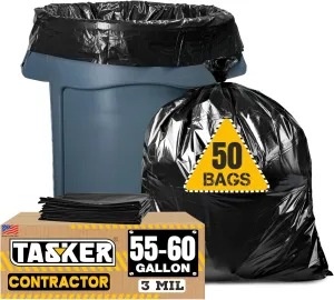 Tasker 55-60 Gallon Trash Bags, 3 Mil Black Contractor Garbage Bags (ValuePack 50 Bags w/Ties) 55 Gallon Trash Bags Heavy Duty Liners, Extra Large Trash Can Liners for Construction, Yard Leaf Lawn
