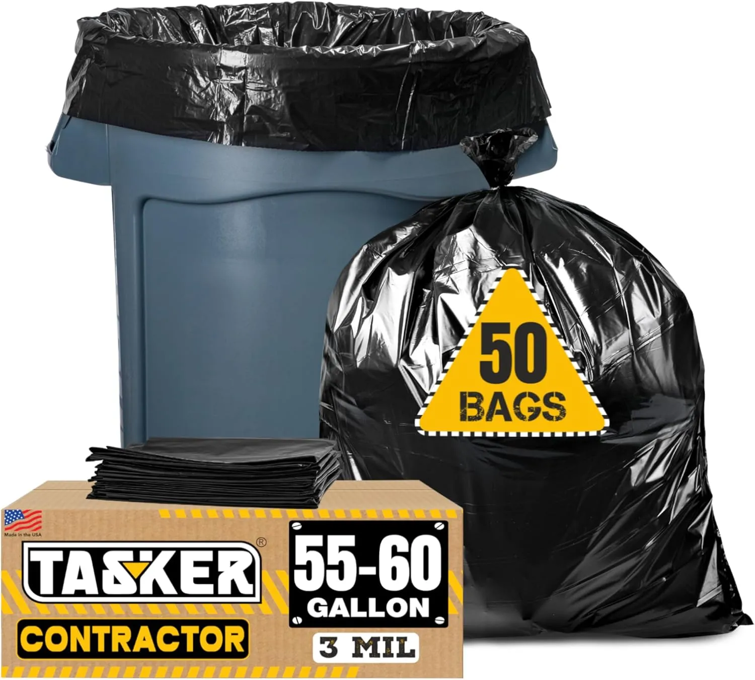 Tasker 55-60 Gallon Trash Bags, 3 Mil Black Contractor Garbage Bags (ValuePack 50 Bags w/Ties) 55 Gallon Trash Bags Heavy Duty Liners, Extra Large Trash Can Liners for Construction, Yard Leaf Lawn