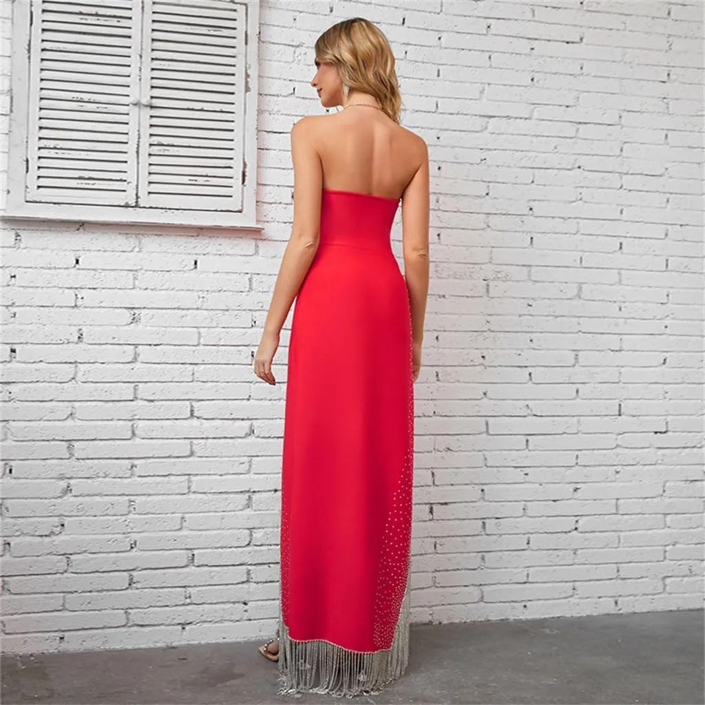 Tassel Pendant High Split Bustier Long Dress Red Evening Dress Temperament Celebrity Dress(L)