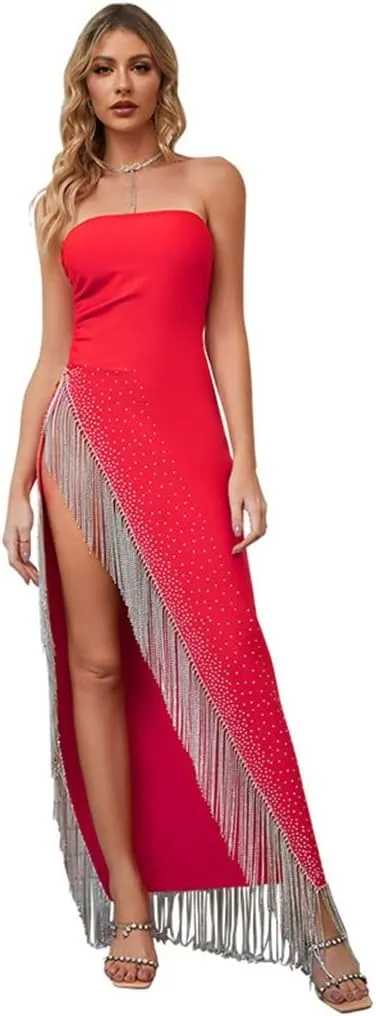 Tassel Pendant High Split Bustier Long Dress Red Evening Dress Temperament Celebrity Dress(L)