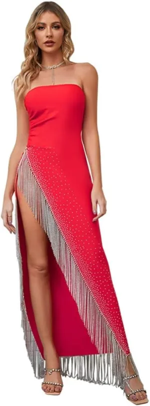 Tassel Pendant High Split Bustier Long Dress Red Evening Dress Temperament Celebrity Dress(L)