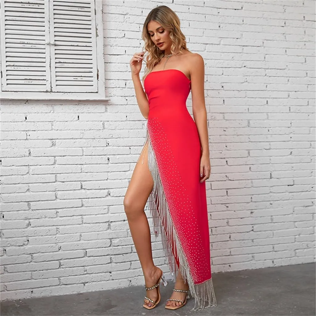 Tassel Pendant High Split Bustier Long Dress Red Evening Dress Temperament Celebrity Dress(L)