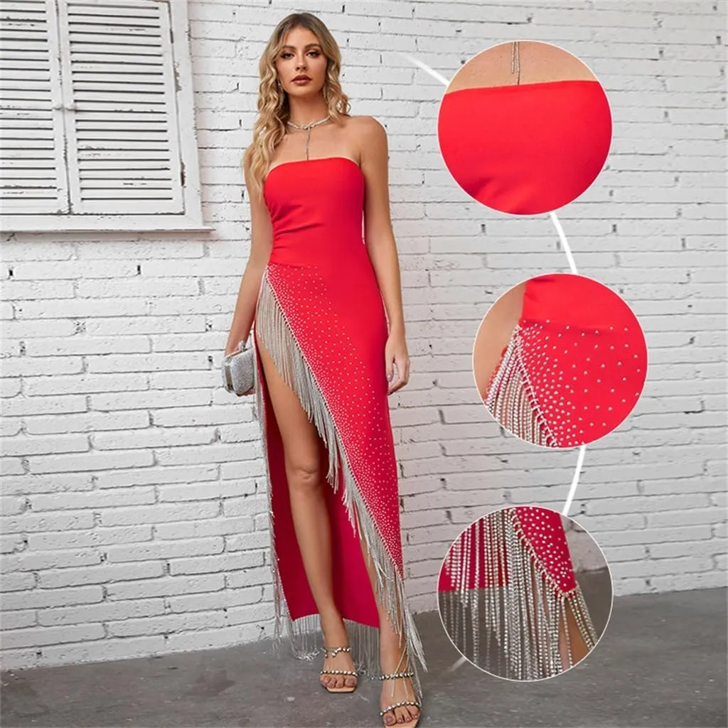 Tassel Pendant High Split Bustier Long Dress Red Evening Dress Temperament Celebrity Dress(L)