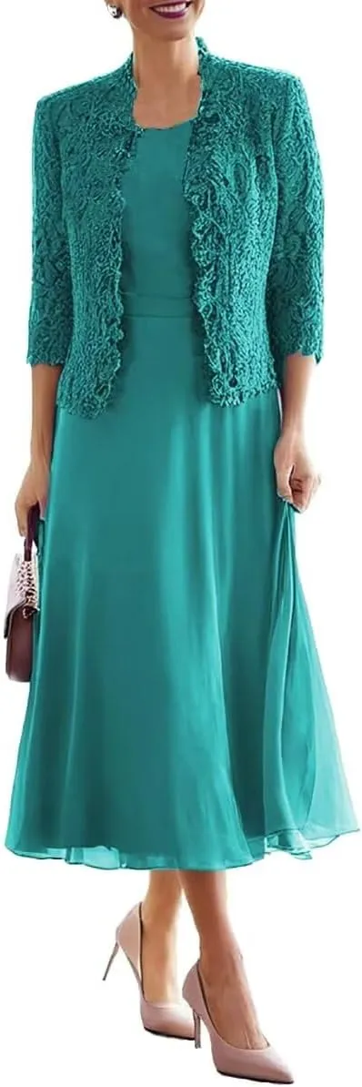 Tea Length Mother of The Bride Dresses for Wedding with 3/4 Sleeves Chiffon Formal Evening Dresses with Jacket