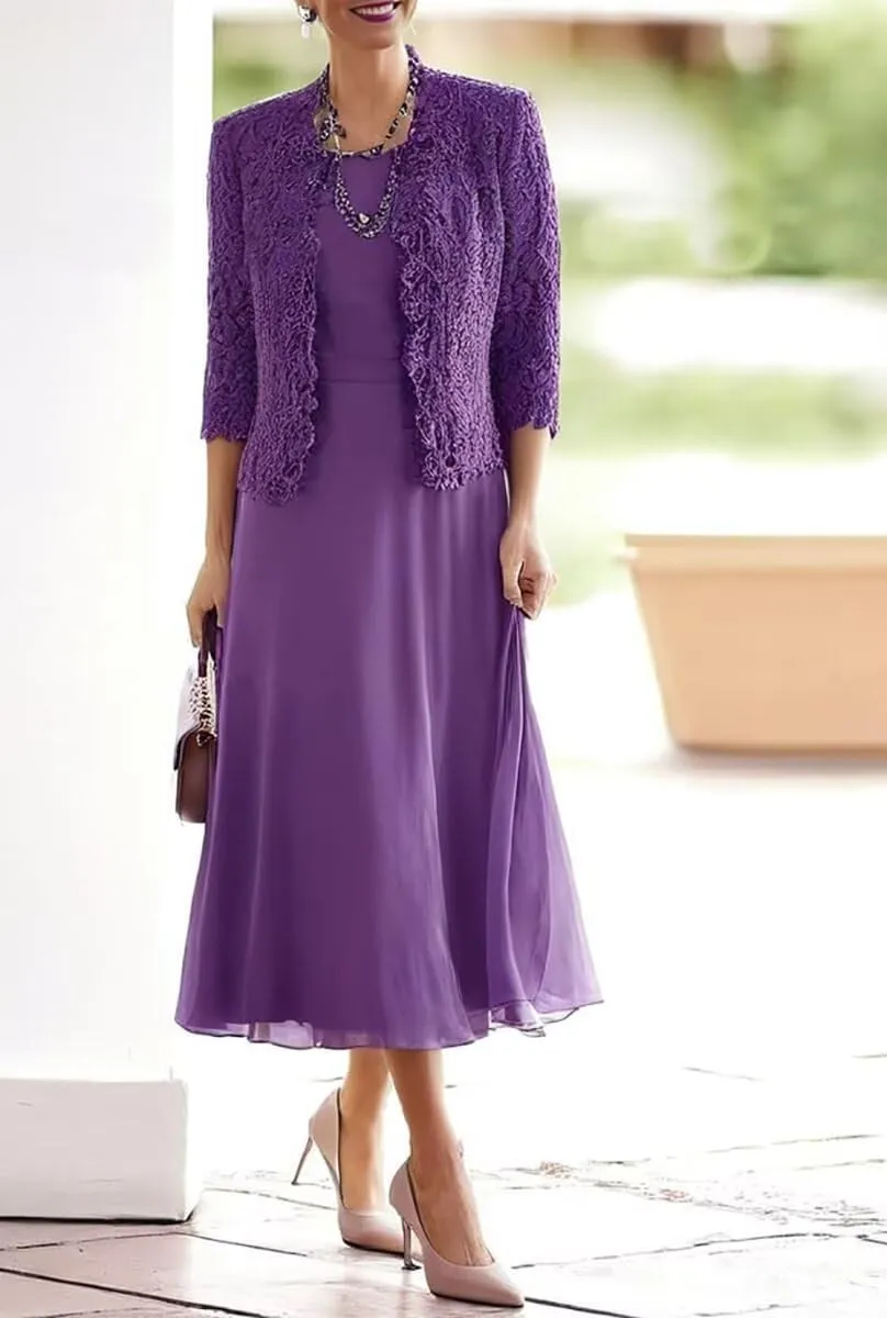 Tea Length Mother of The Bride Dresses for Wedding with 3/4 Sleeves Chiffon Formal Evening Dresses with Jacket