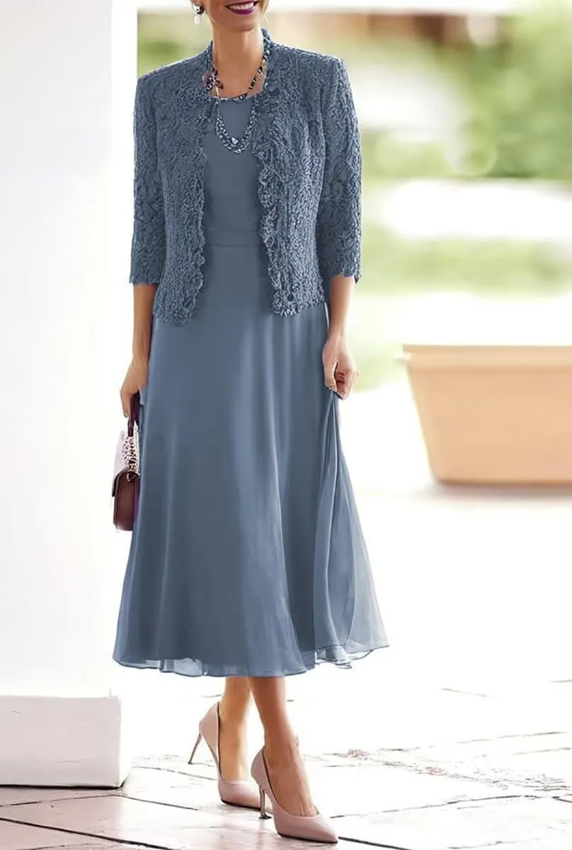 Tea Length Mother of The Bride Dresses for Wedding with 3/4 Sleeves Chiffon Formal Evening Dresses with Jacket