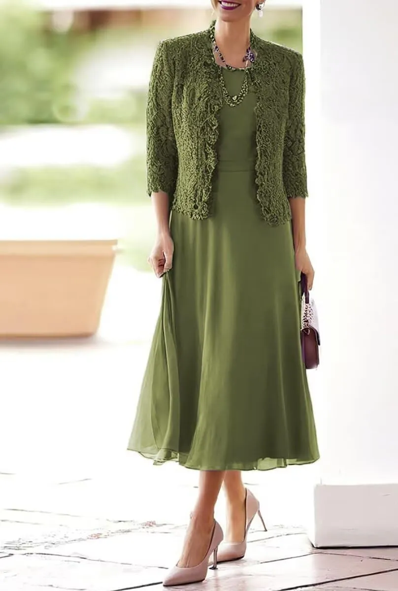 Tea Length Mother of The Bride Dresses for Wedding with 3/4 Sleeves Chiffon Formal Evening Dresses with Jacket