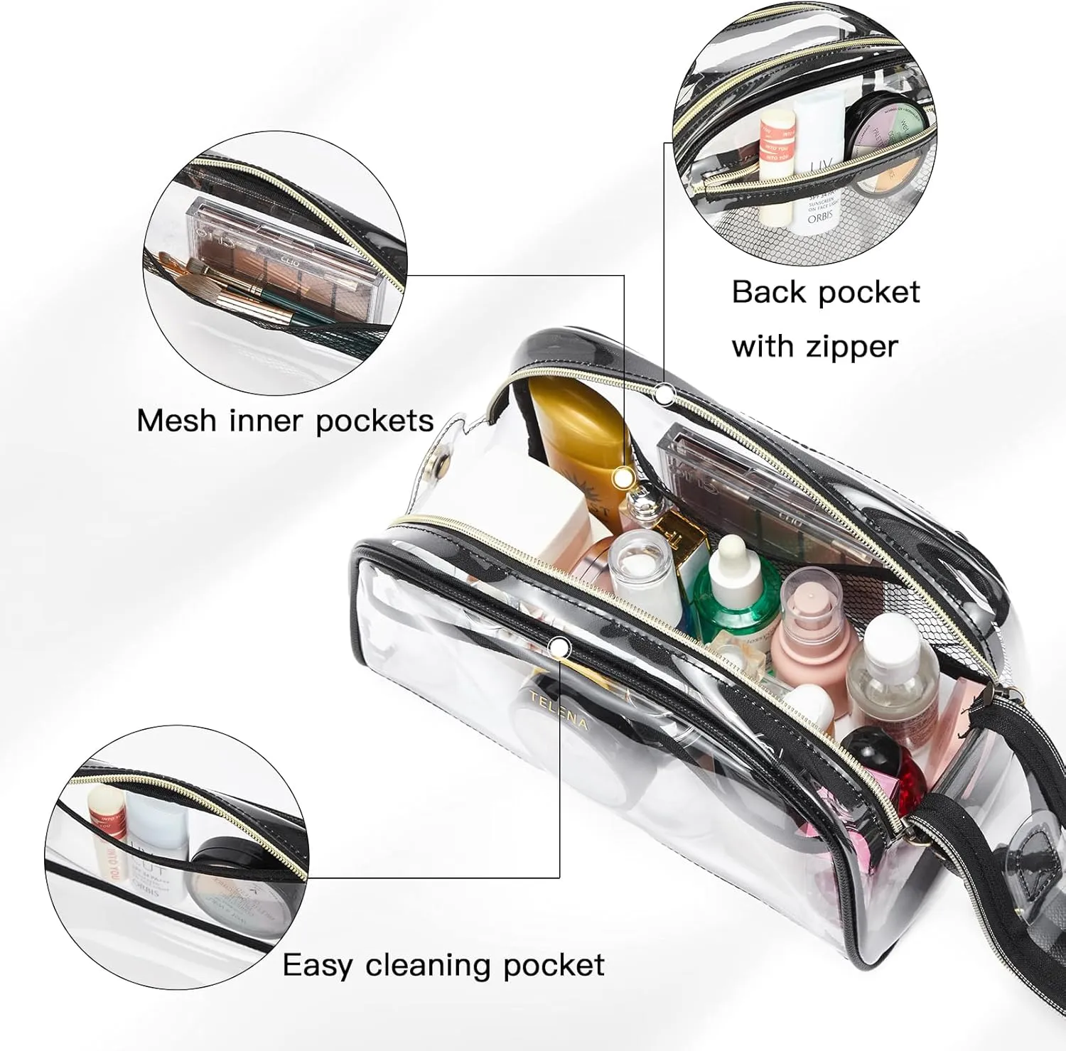 Telena Clear Toiletry Travel Cosmetic Bag - Makeup Organizer for Women Water Resistant Make Up Toiletries Bags Kit for Traveling