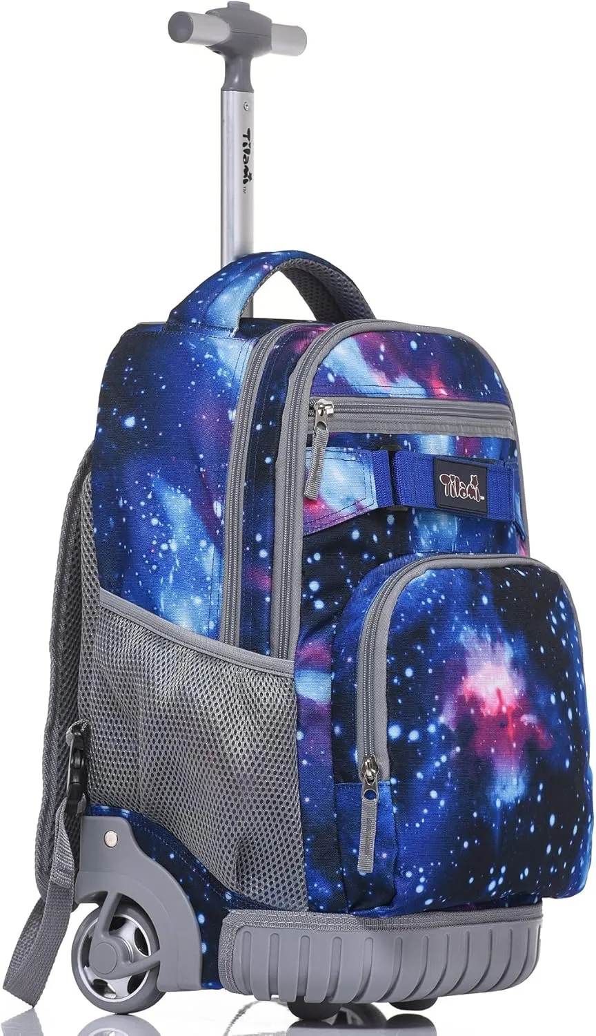 Tilami Rolling Backpack 18 Inch with Pencil Case School for Boys Girls, Galaxy