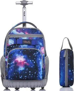 Tilami Rolling Backpack 18 Inch with Pencil Case School for Boys Girls, Galaxy