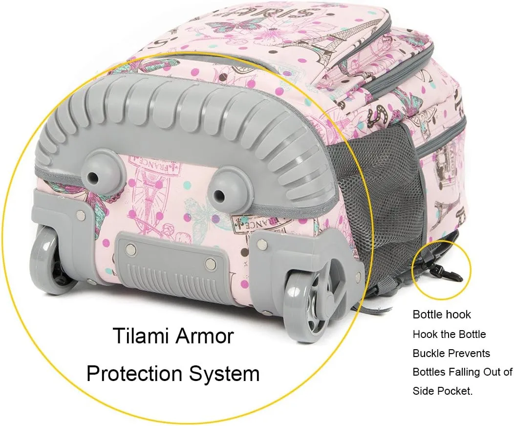 Tilami Rolling Backpack 18 Inch with Pencil Case School for Boys Girls, Pink