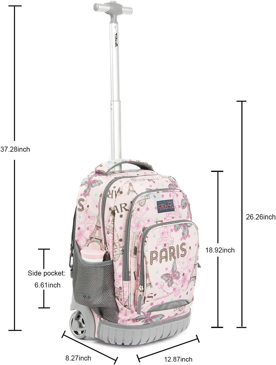 Tilami Rolling Backpack 18 Inch with Pencil Case School for Boys Girls, Pink