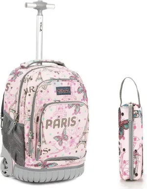Tilami Rolling Backpack 18 Inch with Pencil Case School for Boys Girls, Pink