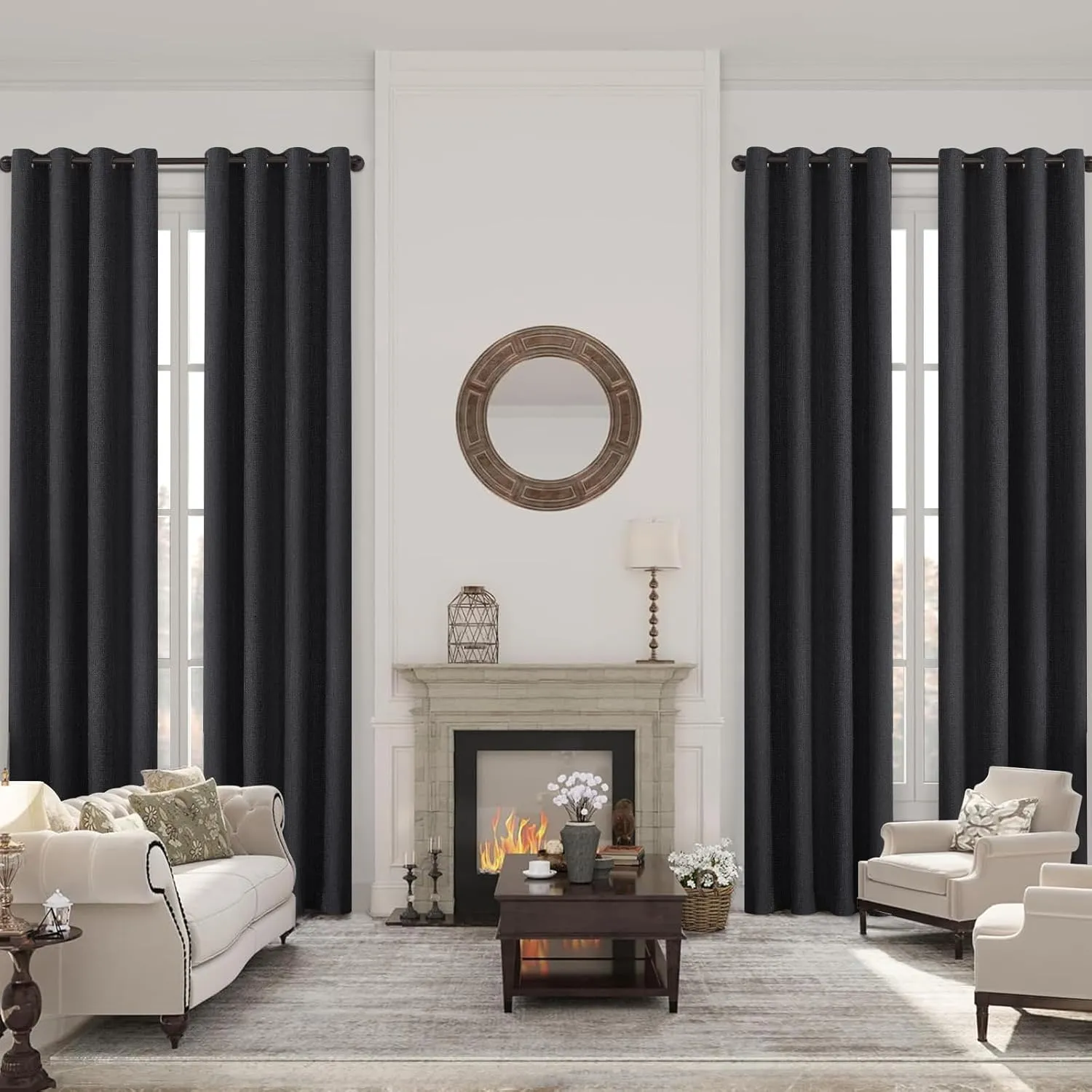 Timeles Blackout Curtains 84 Inches Long – 2 Panels Linen Curtains with Grommets, Room Darkening Drapes with White Liner for Bedroom & Living Room, 52 x 84 Inches, Black