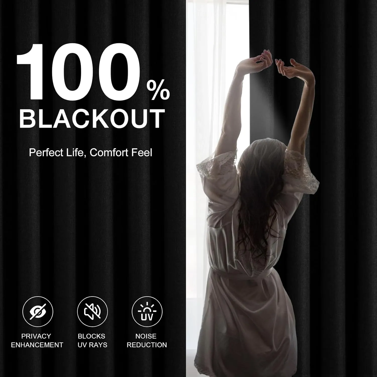 Timeles Blackout Curtains 84 Inches Long – 2 Panels Linen Curtains with Grommets, Room Darkening Drapes with White Liner for Bedroom & Living Room, 52 x 84 Inches, Black