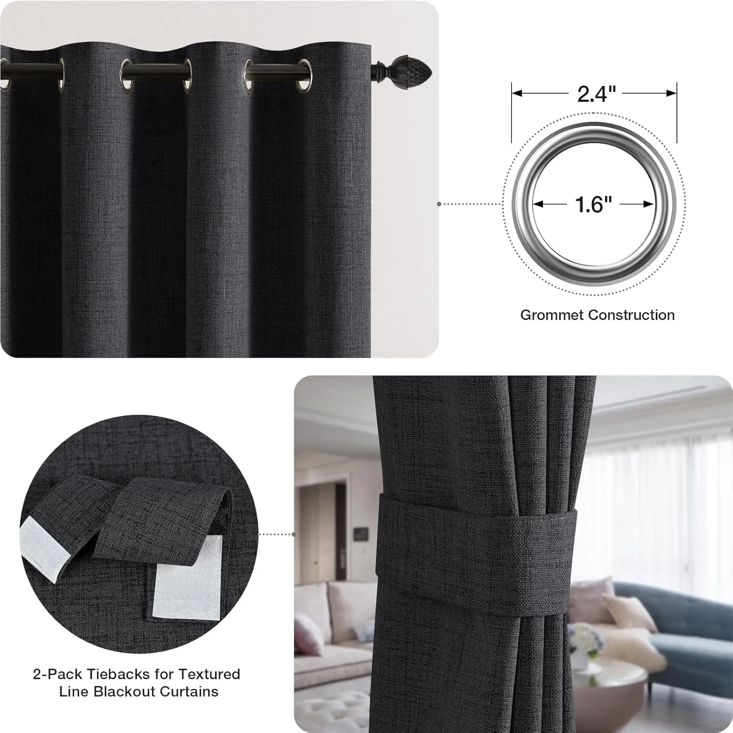 Timeles Blackout Curtains 84 Inches Long – 2 Panels Linen Curtains with Grommets, Room Darkening Drapes with White Liner for Bedroom & Living Room, 52 x 84 Inches, Black