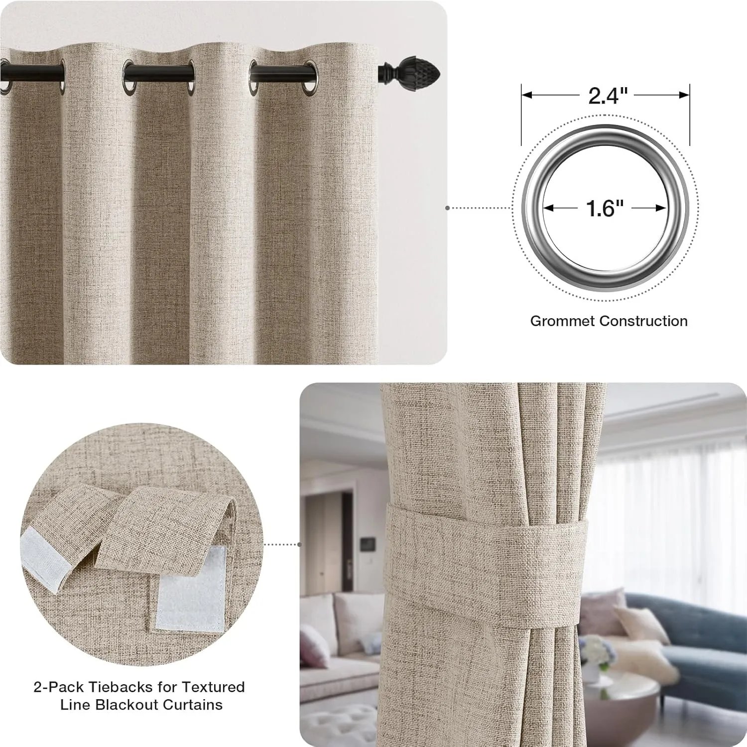 Timeles Blackout Curtains 84 Inches Long – 2 Panels Linen Curtains with Grommets, Room Darkening Drapes with White Liner for Bedroom & Living Room, 52 x 84 Inches, Natural