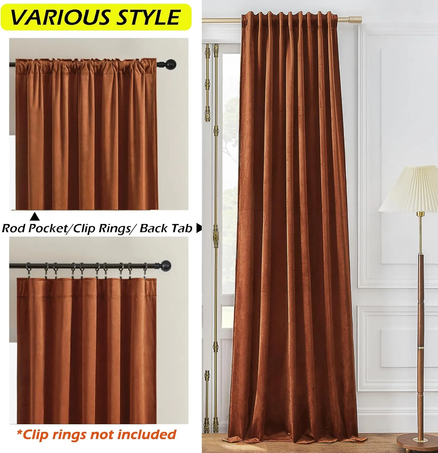 Timeper Burnt Orange Pleat Back Tab Velvet Curtains W52 x L84 inches 2 Panels, Room Darkening Solid Home Decor Curtains for Bedroom Living Dining Room Thermal Insulated Luxury Super Soft Window Drapes