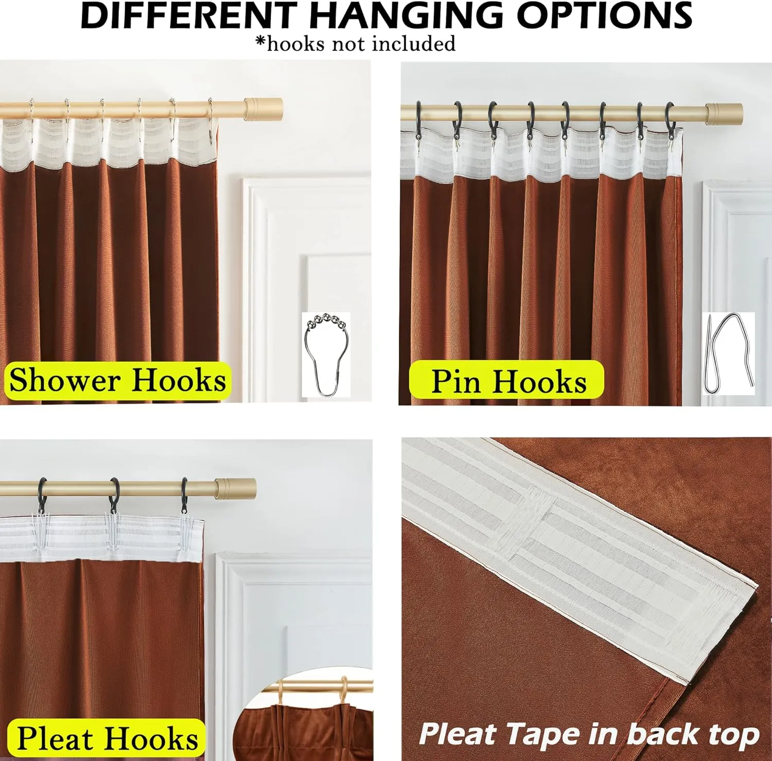 Timeper Burnt Orange Pleat Back Tab Velvet Curtains W52 x L84 inches 2 Panels, Room Darkening Solid Home Decor Curtains for Bedroom Living Dining Room Thermal Insulated Luxury Super Soft Window Drapes