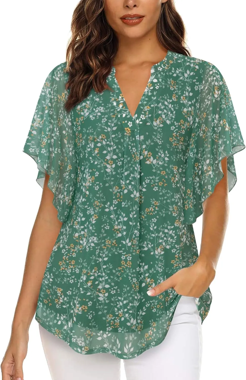 Timeson Women's Short Sleeve V Neck Blouses Shirts Floral Double Layers Mesh Tunics Tops