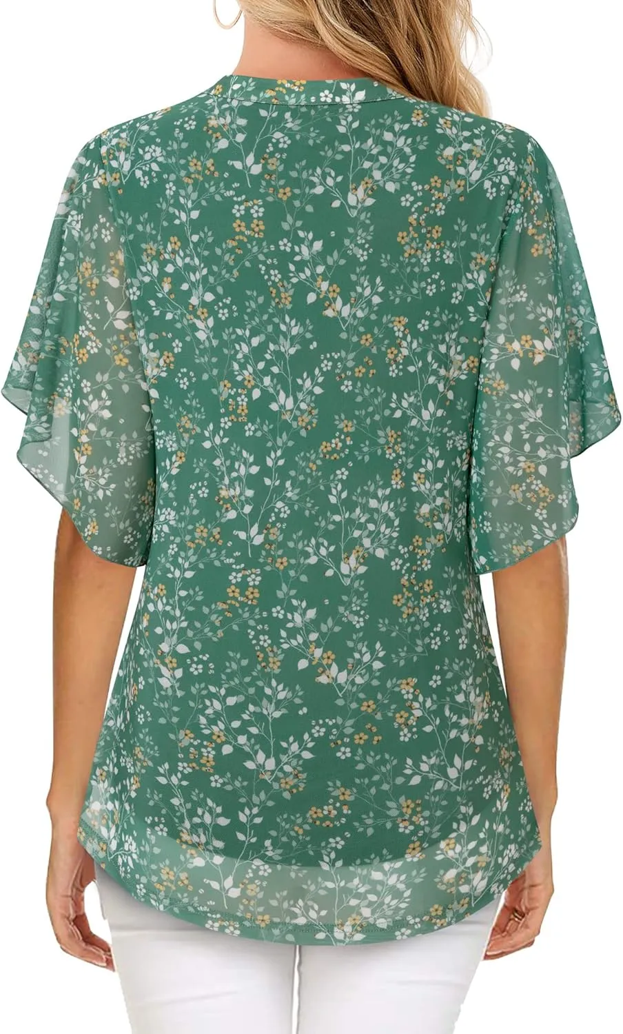 Timeson Women's Short Sleeve V Neck Blouses Shirts Floral Double Layers Mesh Tunics Tops