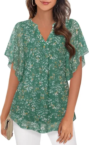 Timeson Women's Short Sleeve V Neck Blouses Shirts Floral Double Layers Mesh Tunics Tops